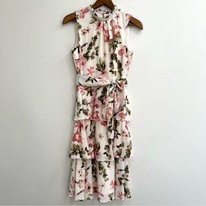 Jessica Howard floral tiered belted midi dress sleeveless pink green white 6